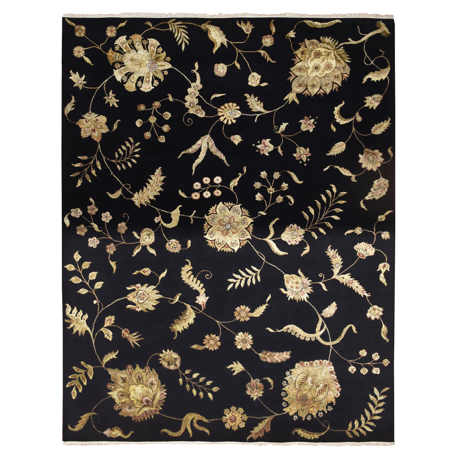 Caviar Black, Half Wool and Half Silk, Borderless Botanical Design, Densely Woven, Soft Pile, Hand Knotted, Oriental Rug